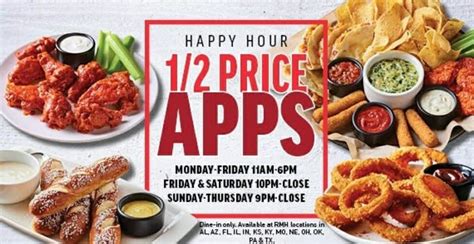 Applebees 1 2 priced apps - Get Applebee’s appetizers such as Boneless Buffalo wings, Spinach & Artichoke Dip, Mozzarella Sticks, Onion Rings, Chicken Wonton Tacos, and Cheese Quessadilla for half rates during their happy hour. This is what they call Applebees half apps. Applebees happy hour starts by 3 PM and ends by 6 PM all days. On the other hand, the late night ... 